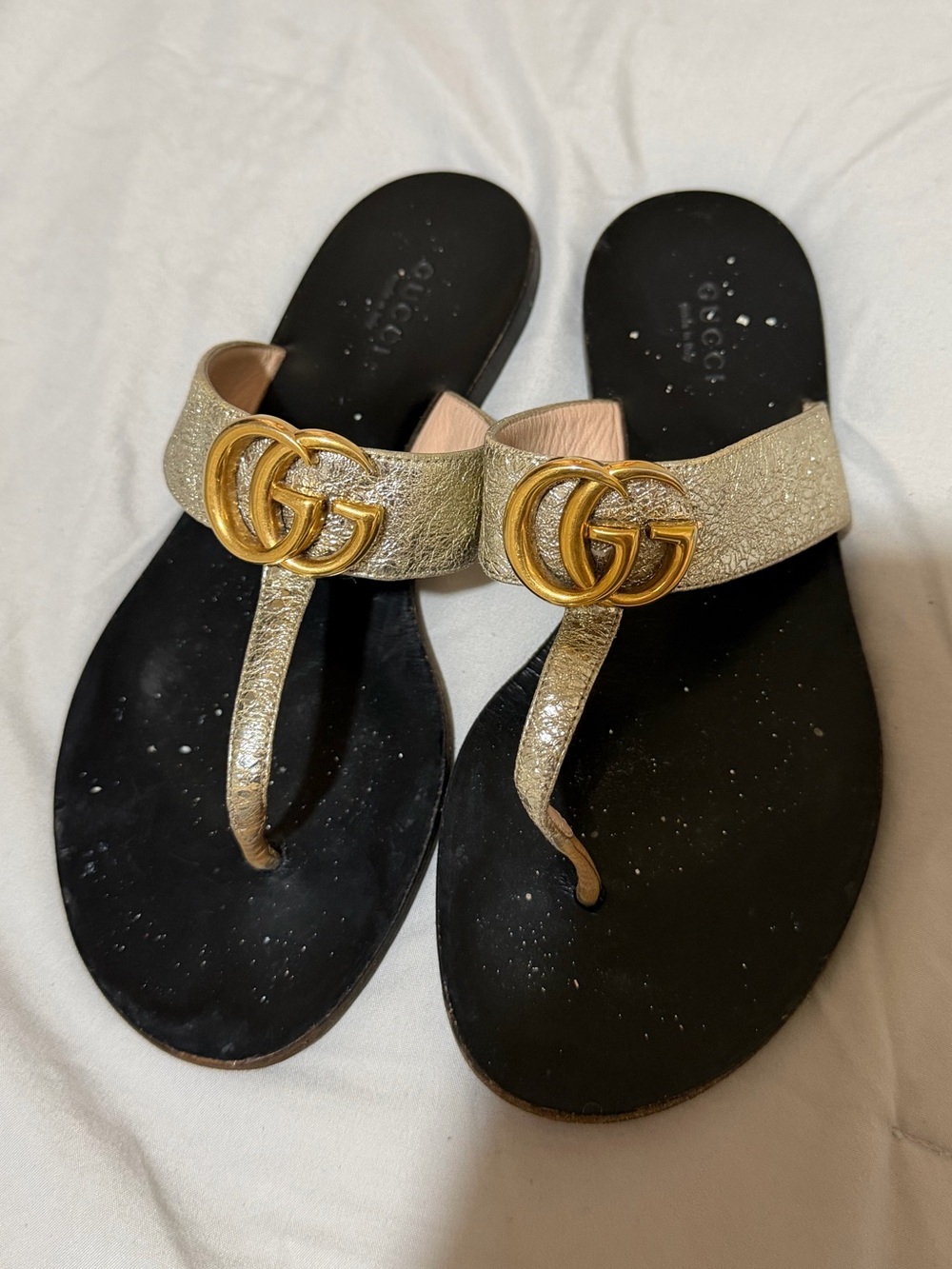 Gucci Gold Metallic Thong Sandals with Double G Logo - Women